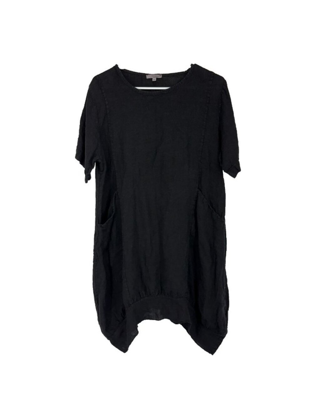 Vanessa Zani Women M 100% Linen Dress Sharkbite Hem Black Italy Short Sleeve